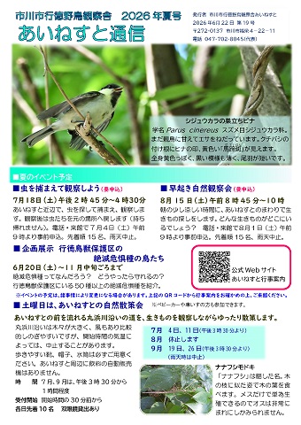 あいねすと通信2026年夏号1ページ目の画像 シジュウカラの巣立ちビナ、夏のイベント予定、自然散策会の予定など