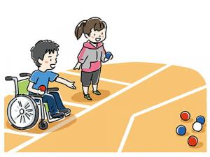 車いすの男の子と女の子がボッチャをしているイラスト