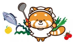 割烹着をきて食材に囲まれるかっちのイラスト