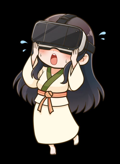 VRゴーグルを体験する「てこなさん」
