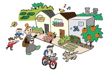 まち並みと主人公市川景子のイラスト