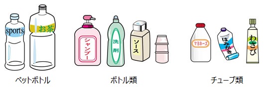 イラスト:左からペットボトル、ボトル類、チューブ類