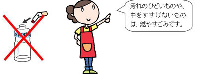 イラスト:左側にタバコの吸い殻を入れたペットボトルは禁止されているイラスト、右側に左側のイラストのコメントをしている女性「汚れのひどいものや中をすすげないものは、燃やすごみです。」