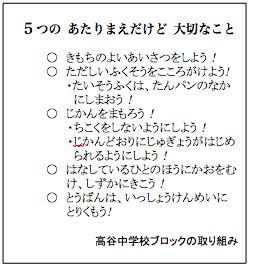 5つのあたりまえだけど大切なこと きもちのよいあいさつをしよう! ただしいふくそうをこころがけよう! たいそうふくは、たんパンのなかにしまおう! じかんをまもろう! ちこくをしないようにしよう! じかんどおりにじゅぎょうがはじめられるようにしよう! はなしているひとのほうにかおをむけ、しずかにきこう! とうばんは、いっしょうけんめいにとりくもう! 高谷中学校ブロックの取り組み