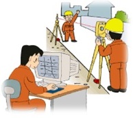 現地で測量をしている画像および、パソコンで測量結果を計算している画像です