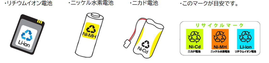イラスト:小型充電式電池類には、リチウムイオン電池、ニッケル水素電池、ニカド電池があります。これらの物には、リサイクルマークがついています。