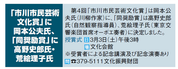 紙面の切り抜き_「市川市民芸術文化賞」に岡本公夫氏、「同奨励賞」に高野史郎氏・荒絵理子氏