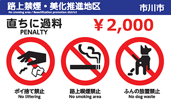 ポイ捨て、路上喫煙、ふんの放置を禁止し、違反者に直ちに過料2,000円を示す路上禁煙・美化推進地区の標識
