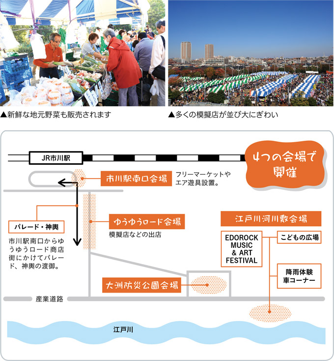 新鮮な地元野菜も販売されます/多くの模擬店が並び大にぎわい