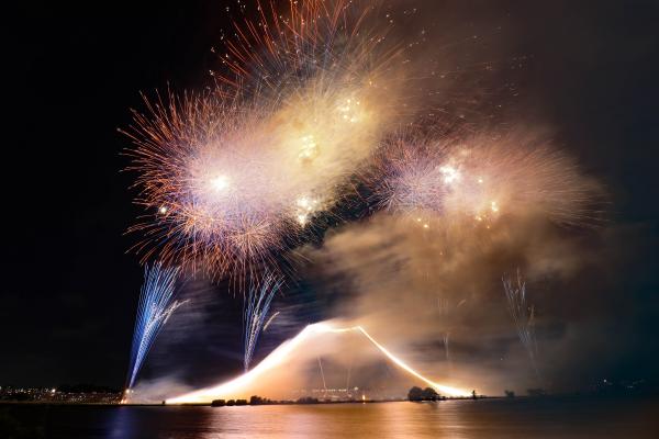 写真：夜空に花火が打ち上がり、富士山の仕掛け花火も見える